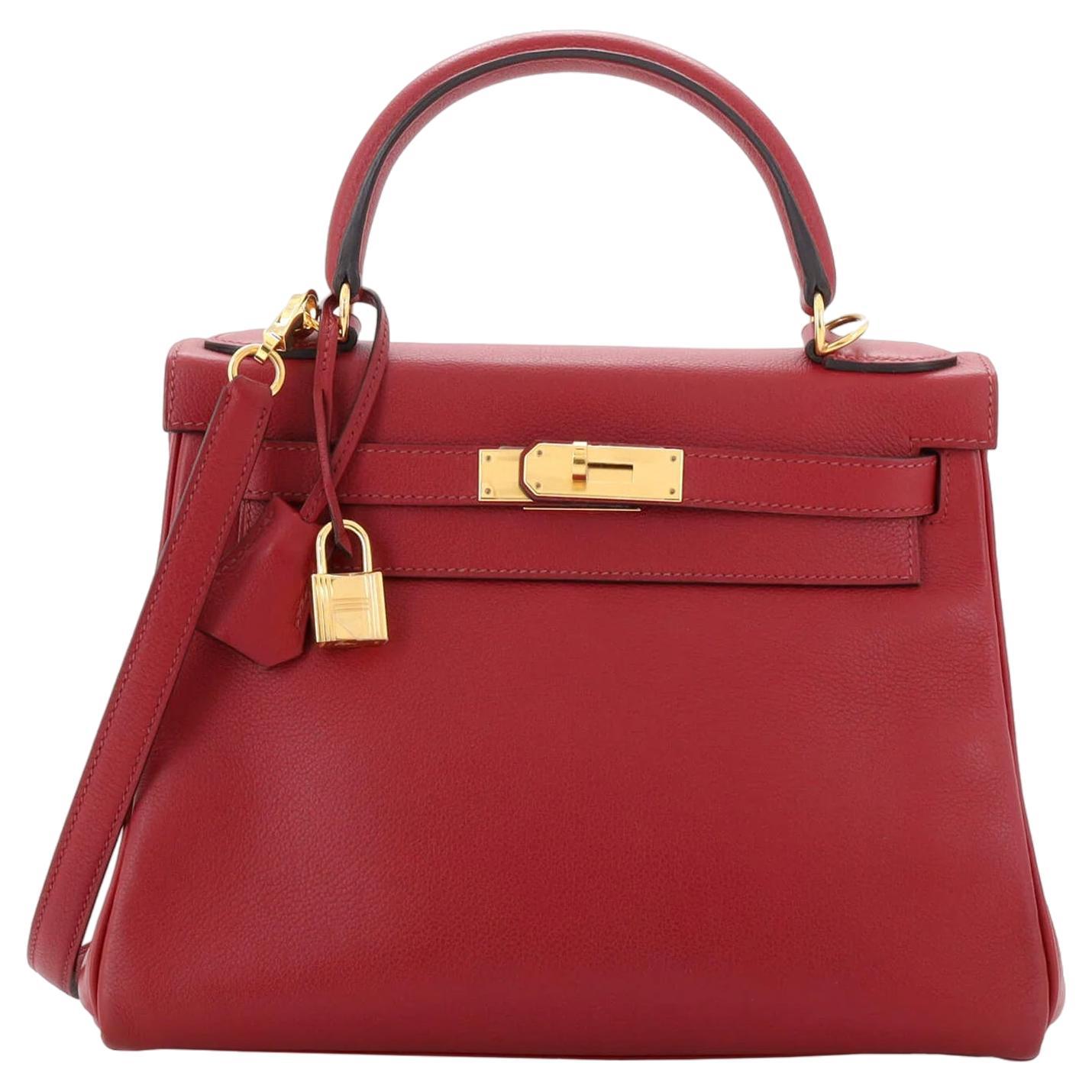 Hermes Kelly Handbag Leather Rouge Grenat Evercolor with Gold Hardware 28 For Sale
