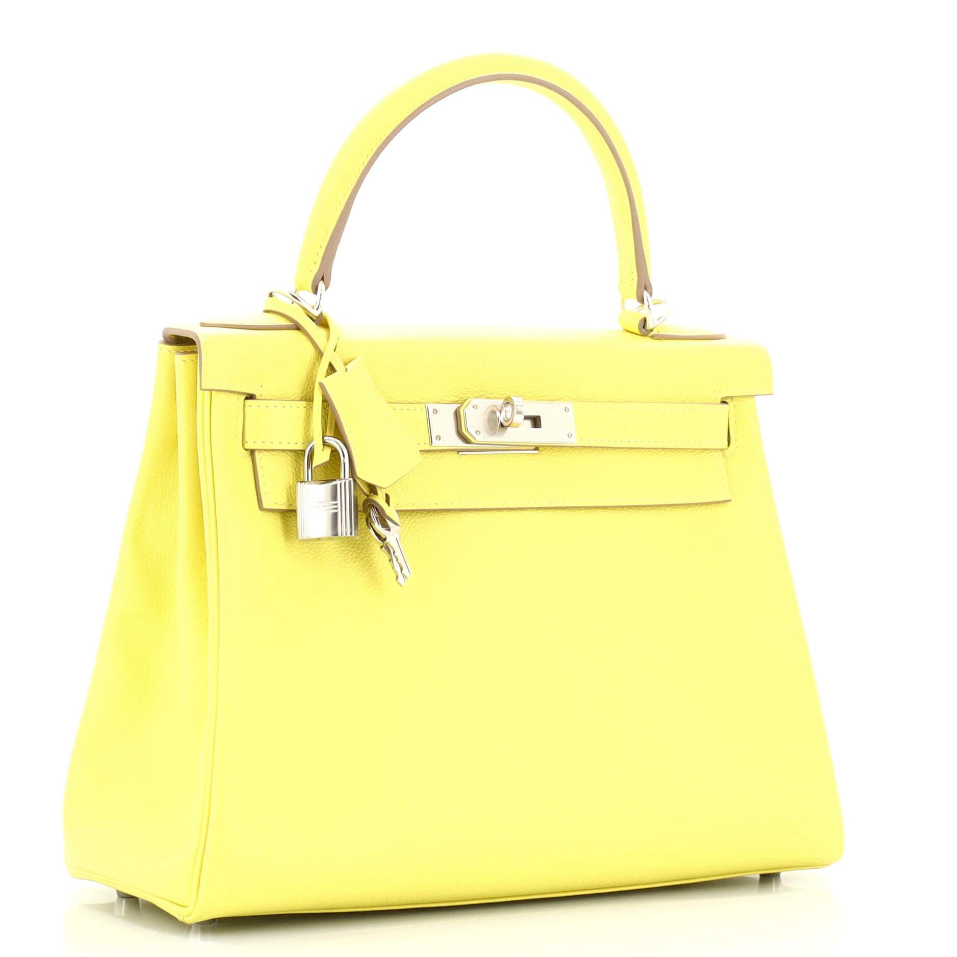 Hermes Kelly Handbag Lime Evercolor with Palladium Hardware 28 In Good Condition In NY, NY