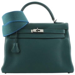 Hermes Kelly Handbag Malachite Clemence with Palladium Hardware 32