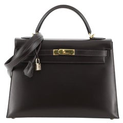 Hermes Kelly Handbag Marron Fonce Box Calf with Gold Hardware 32