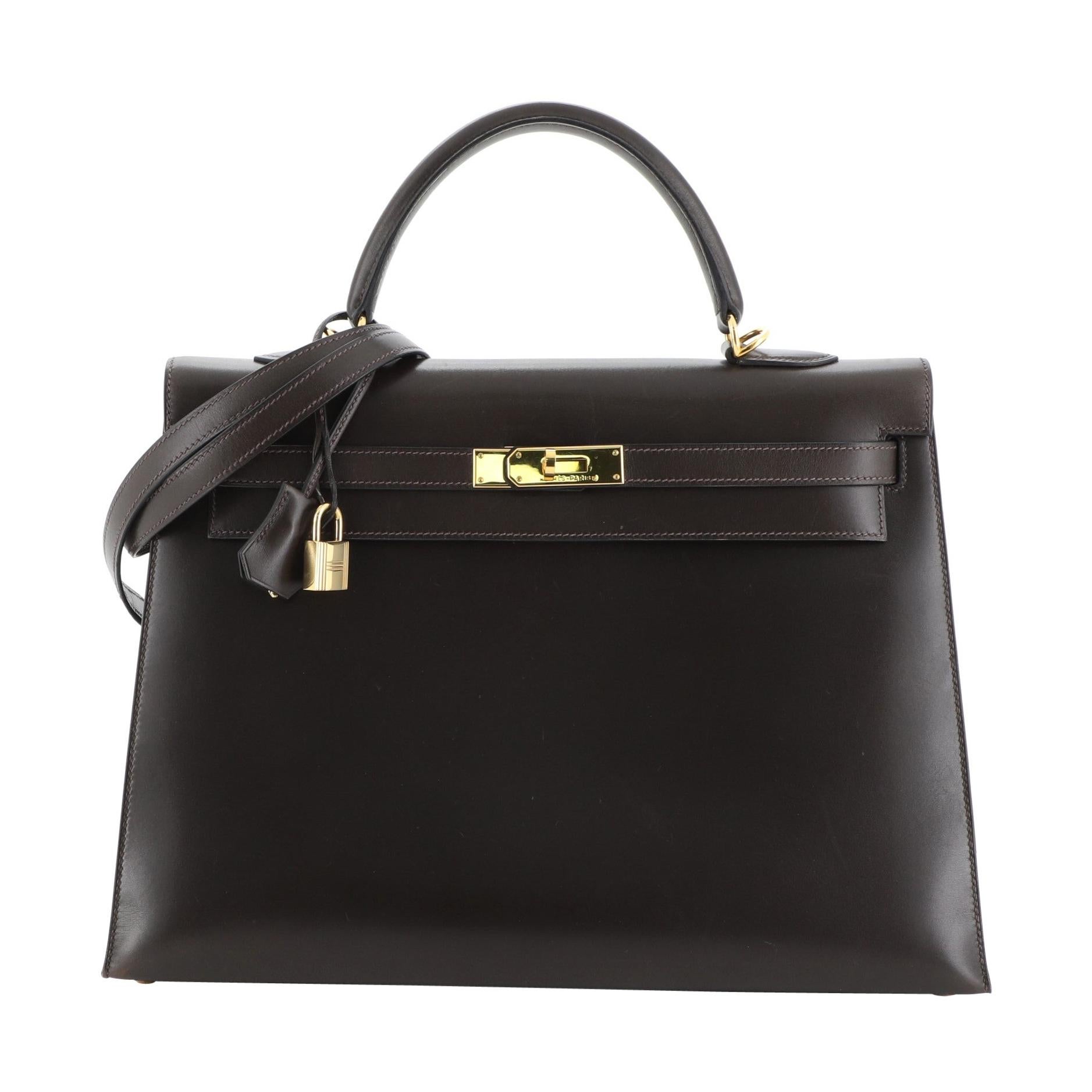Hermes Kelly Handbag Marron Fonce Box Calf With Gold Hardware 35 