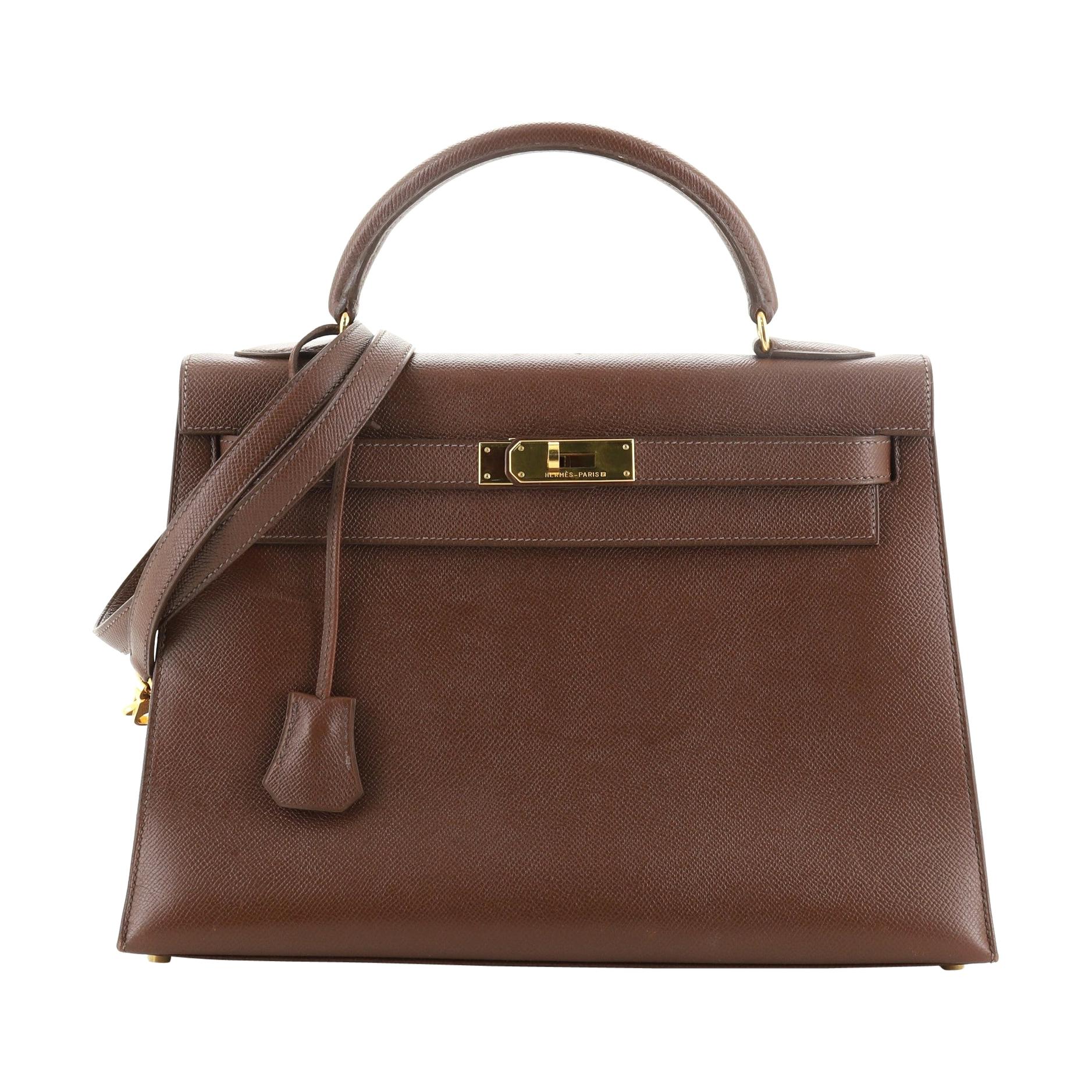 Hermes Kelly Handbag Marron Foncé Courchevel with Gold Hardware 32