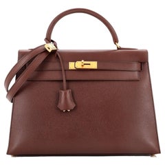 Hermes Kelly Sac à main Marron Foncé Courchevel avec quincaillerie dorée 32