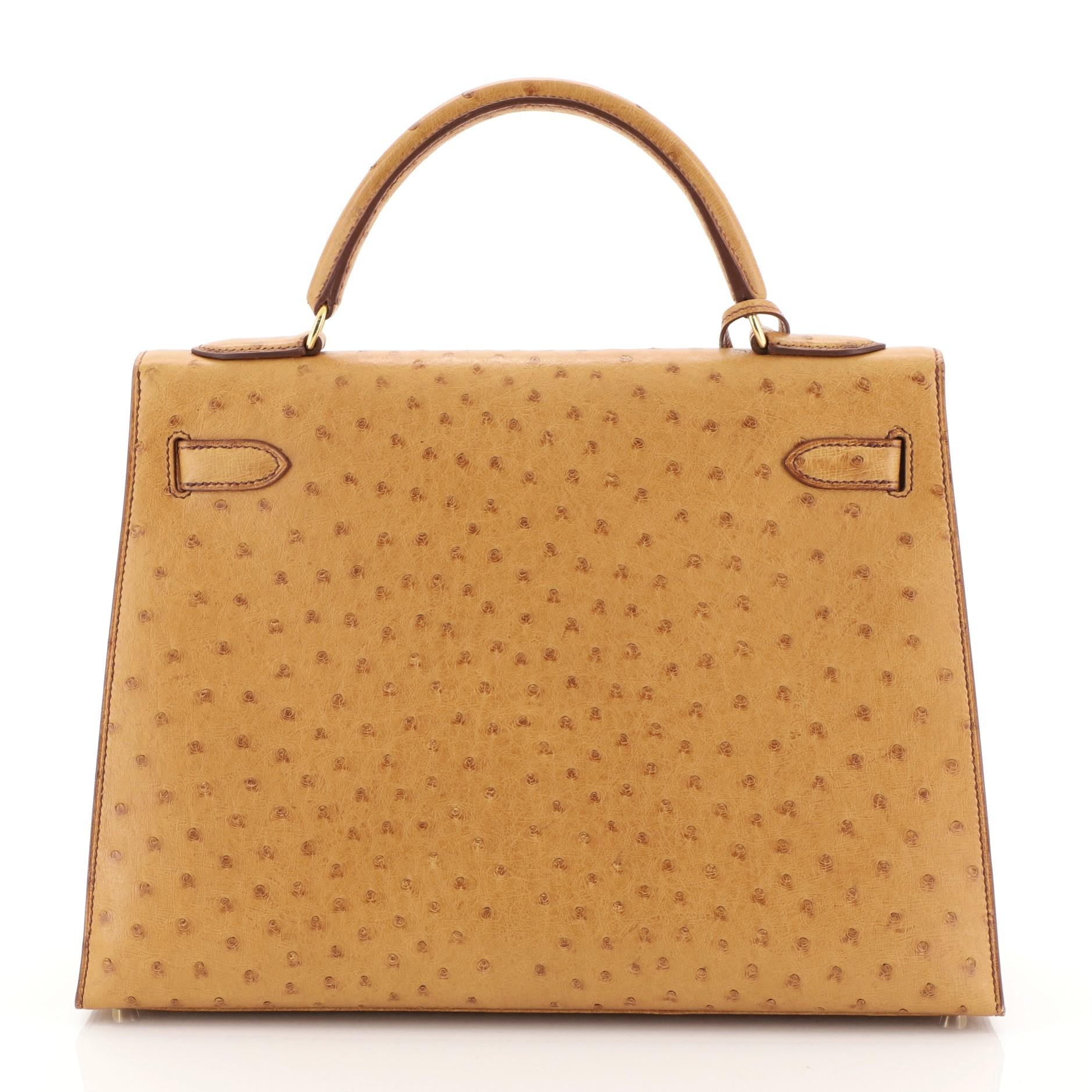 Hermes Kelly Handbag Natural Ostrich with Gold Hardware 32 In Good Condition In NY, NY