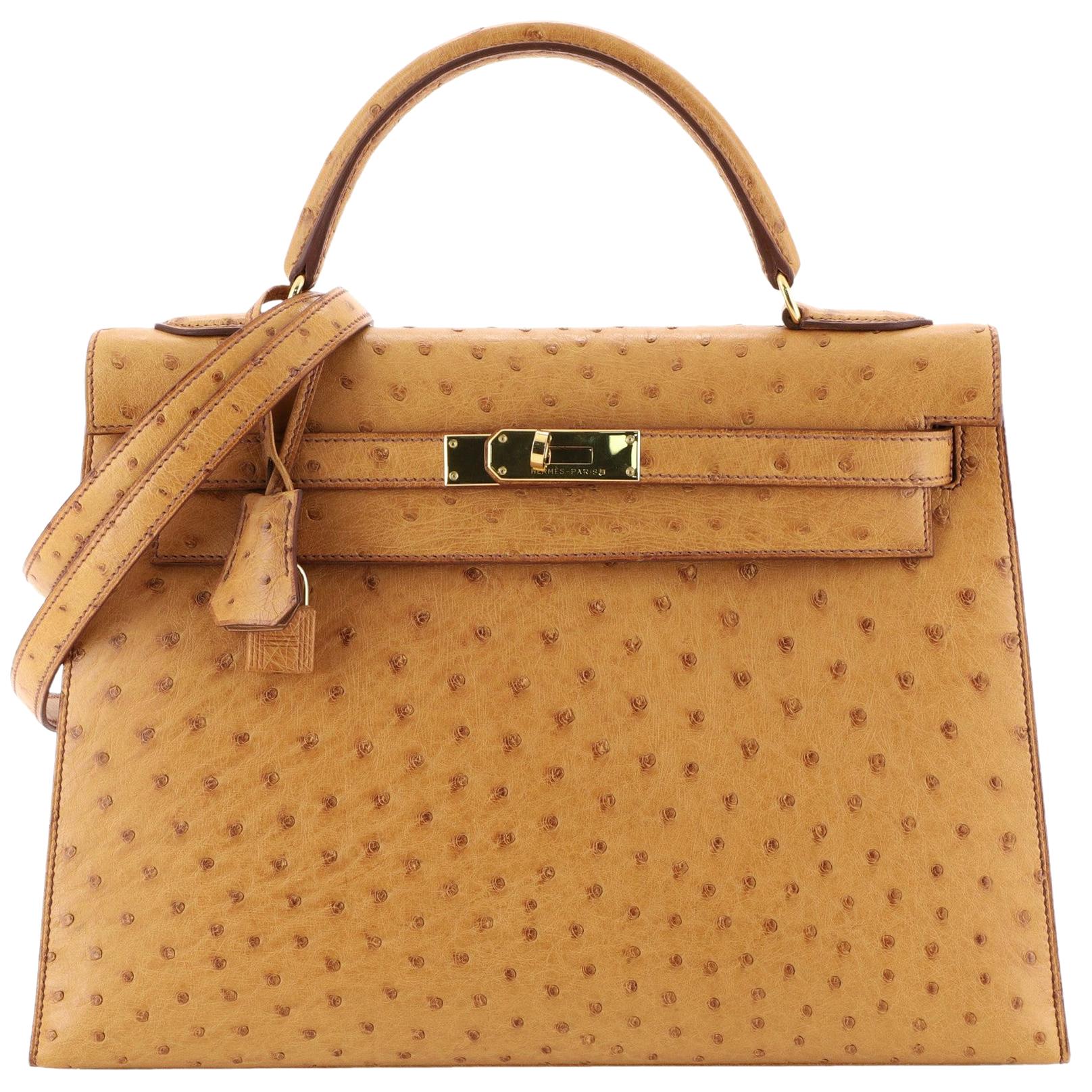 Hermes Kelly Handbag Natural Ostrich with Gold Hardware 32