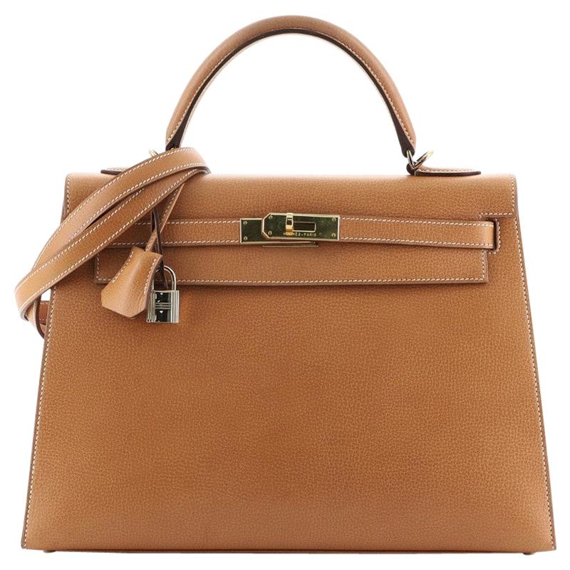 Hermes Kelly Handbag Natural Vache Liegee with Gold Hardware 32