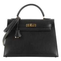 Hermes Kelly Handbag Noir Ardennes With Gold Hardware 32 