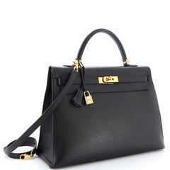 Hermes Kelly Handbag Noir Ardennes with Gold Hardware 35