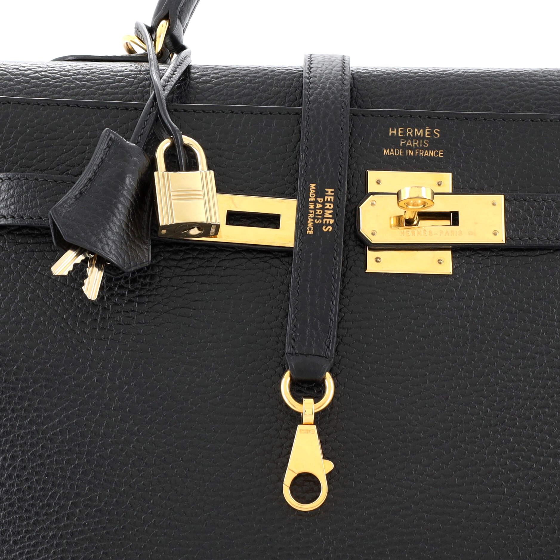 Hermes Kelly Handbag Noir Ardennes with Gold Hardware 35 For Sale 2