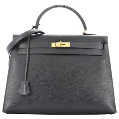 Hermès - Sac à main Kelly Noir Ardennes avec accessoires dorés 35