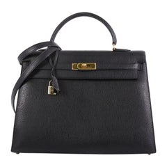 Hermes Kelly Handbag Noir Ardennes with Gold Hardware 35
