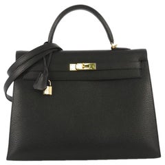 Hermes Kelly Handbag Noir Ardennes with Gold Hardware 35