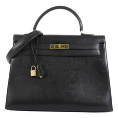 Hermes Kelly Handbag Noir Ardennes with Gold Hardware 35