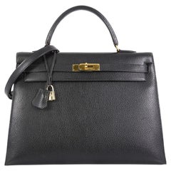 Hermes Kelly Handbag Noir Ardennes With Gold Hardware 35 