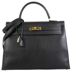 Hermes Kelly Handbag Noir Ardennes with Gold Hardware 35