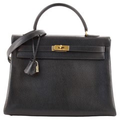 Hermes Kelly Handbag Noir Ardennes with Gold Hardware 35