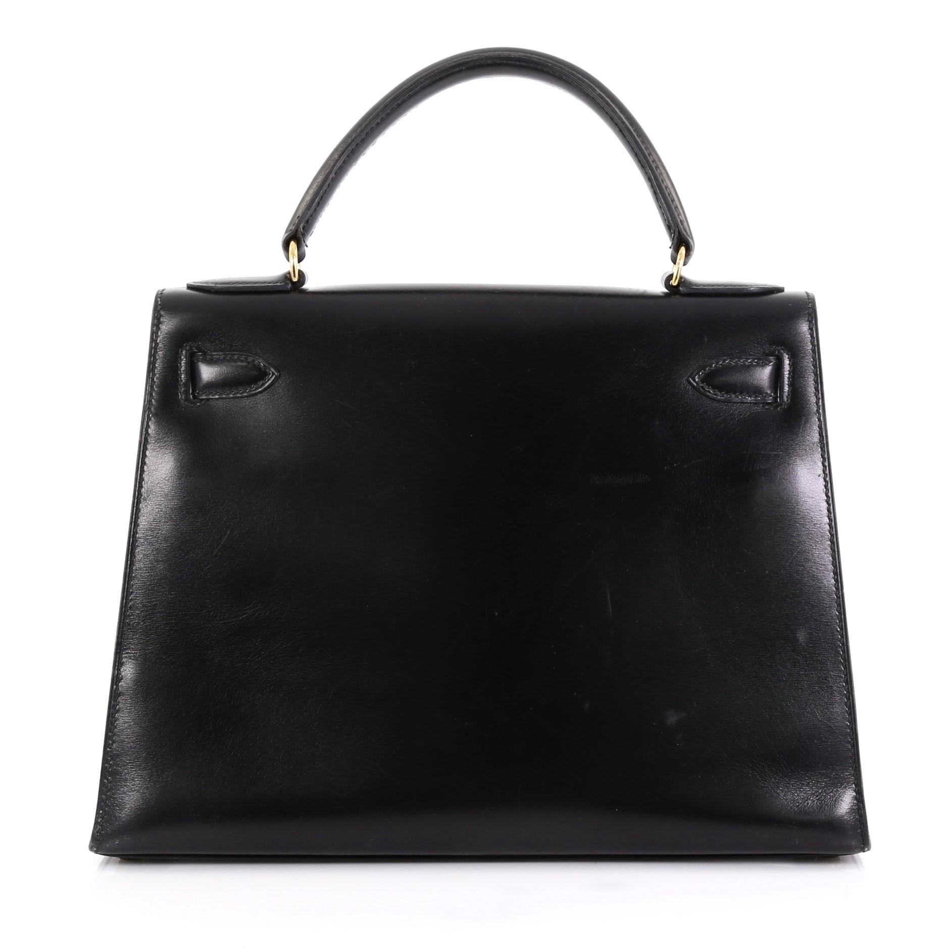 Black Hermes Kelly Handbag Noir Box Calf with Gold Hardware 28