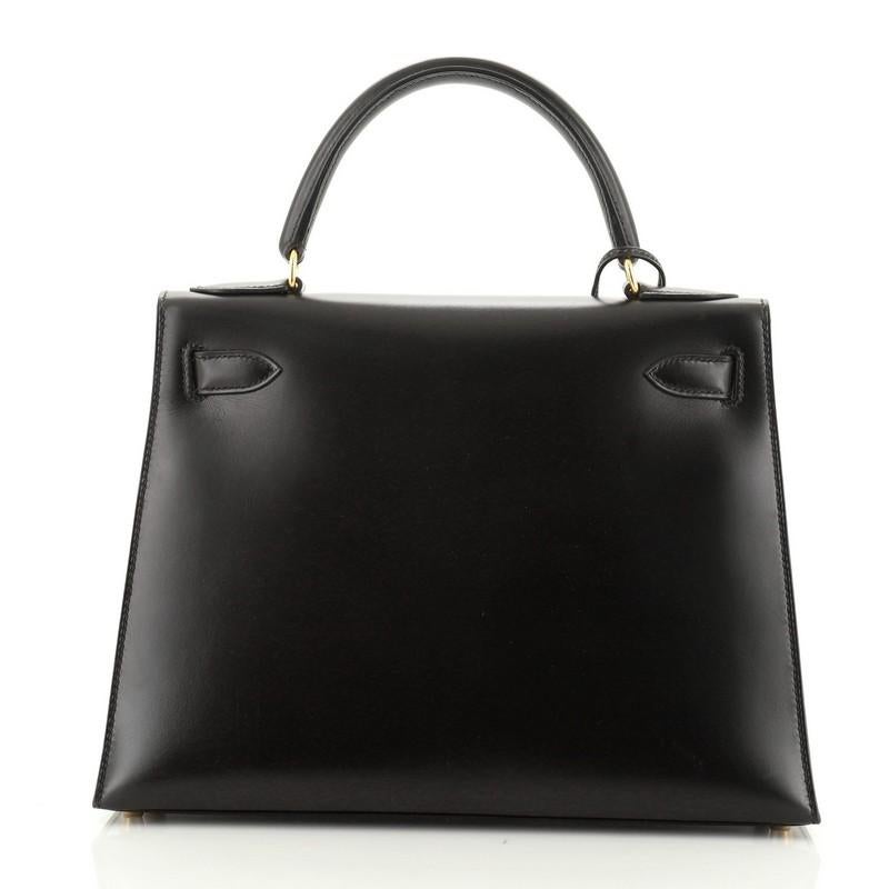 Black Hermes Kelly Handbag Noir Box Calf with Gold Hardware 28