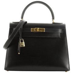Hermes Kelly Handbag Noir Box Calf with Gold Hardware 28