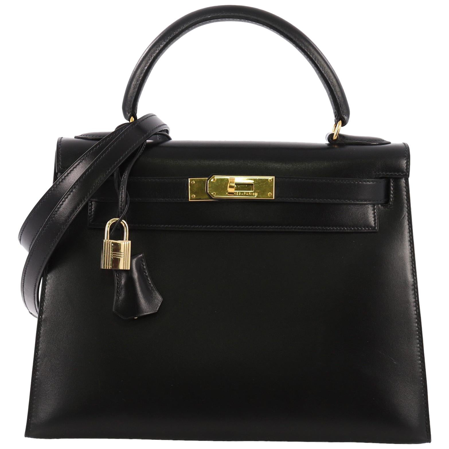 Hermes Kelly Handbag Noir Box Calf with Gold Hardware 28