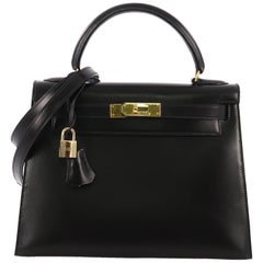 Hermes Kelly Handbag Noir Box Calf with Gold Hardware 28