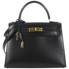 Hermes Kelly Handbag Noir Box Calf with Gold Hardware 28