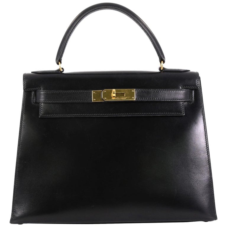 Hermes Kelly Handbag Noir Box Calf with Gold Hardware 28 at 1stDibs