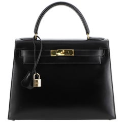 Hermes Kelly Handbag Noir Box Calf With Gold Hardware 28 