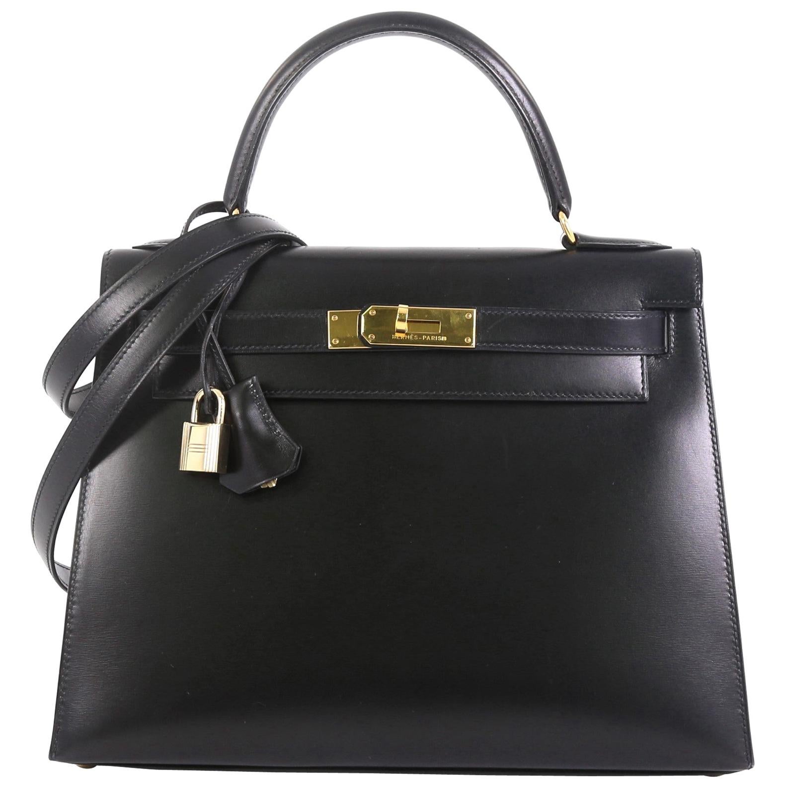 Hermes Kelly Handbag Noir Box Calf With Gold Hardware 28 at 1stDibs
