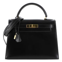 Hermes Kelly Handbag Noir Box Calf with Gold Hardware 28