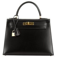 Hermes Kelly Handbag Noir Box Calf with Gold Hardware 28