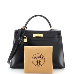 Hermes Kelly Handbag Noir Box Calf with Gold Hardware 32
