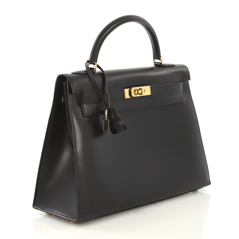 Hermes Kelly Handbag Noir Box Calf with Gold Hardware 32 For Sale at 1stdibs
