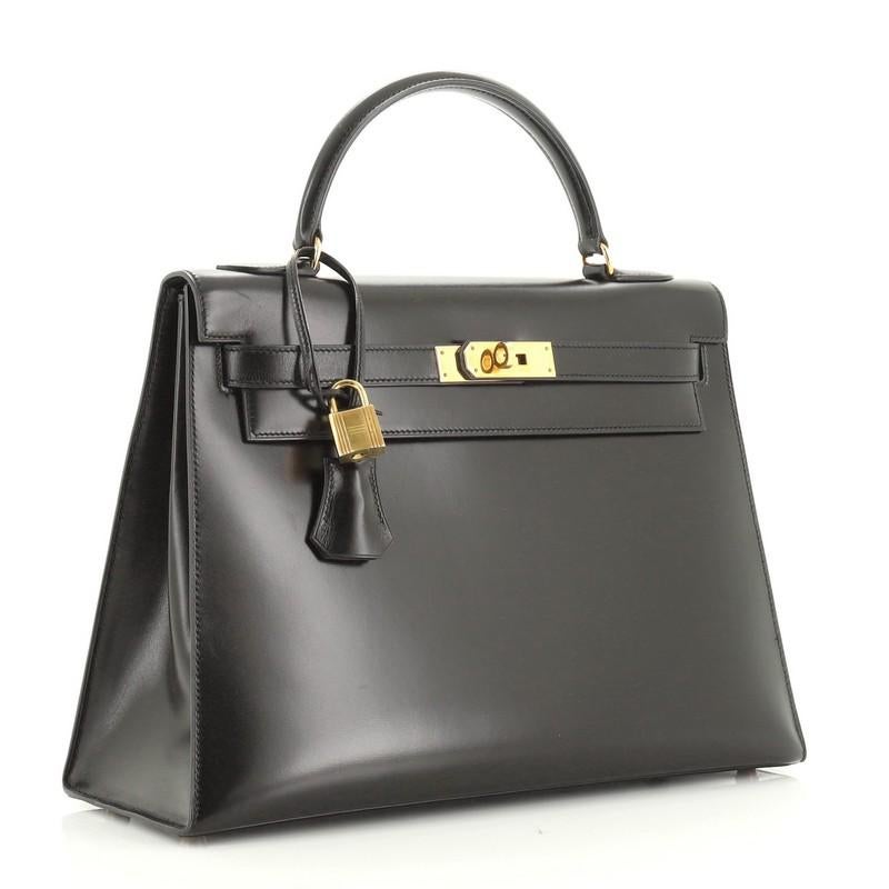 Black Hermes Kelly Handbag Noir Box Calf with Gold Hardware 32