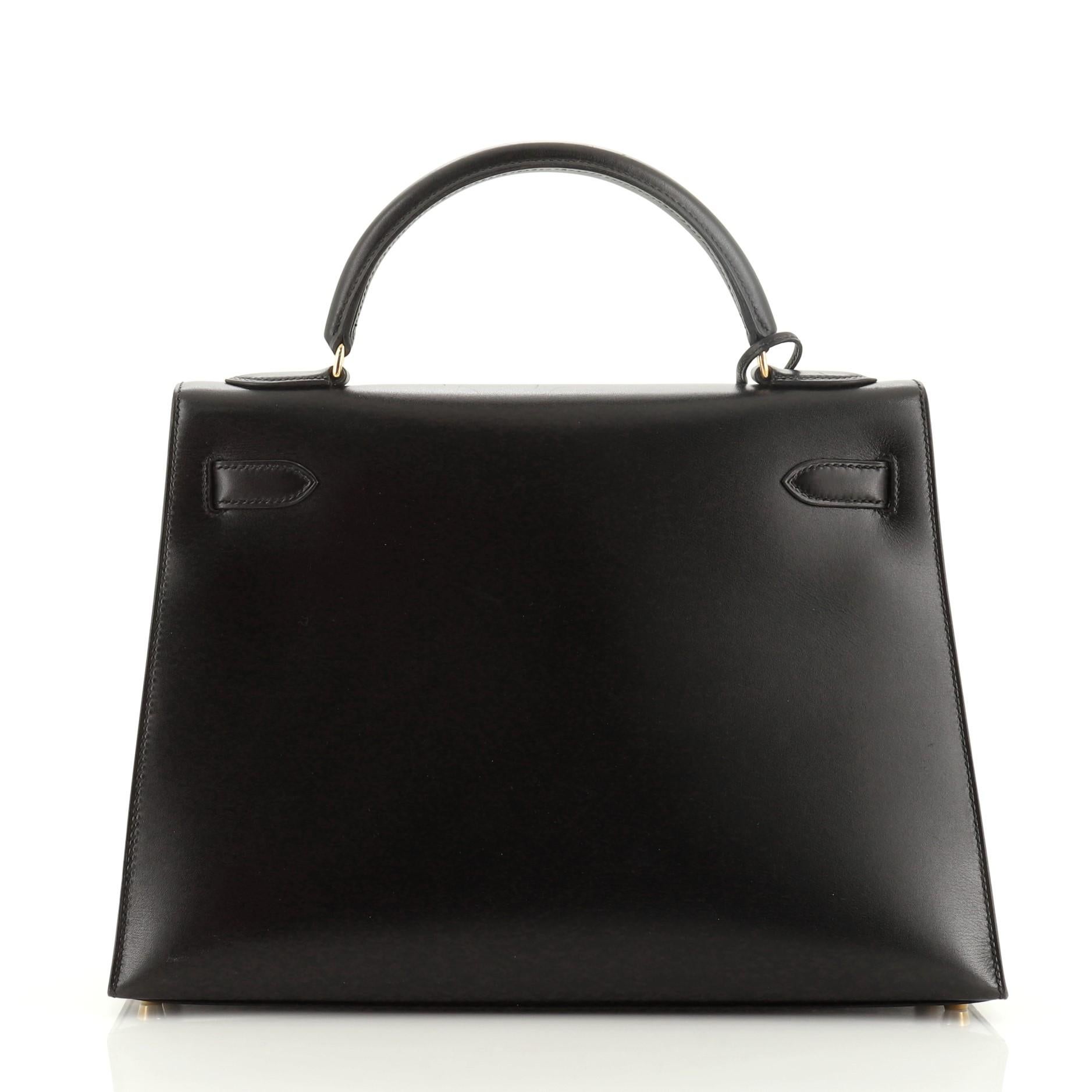 Black Hermes Kelly Handbag Noir Box Calf with Gold Hardware 32