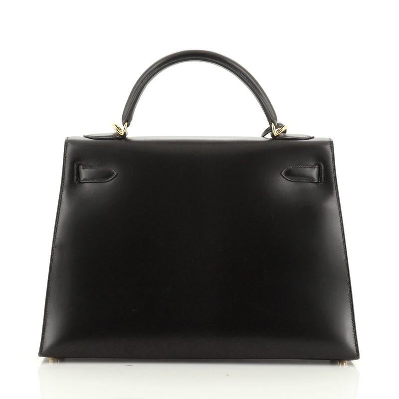 Black Hermes Kelly Handbag Noir Box Calf with Gold Hardware 32