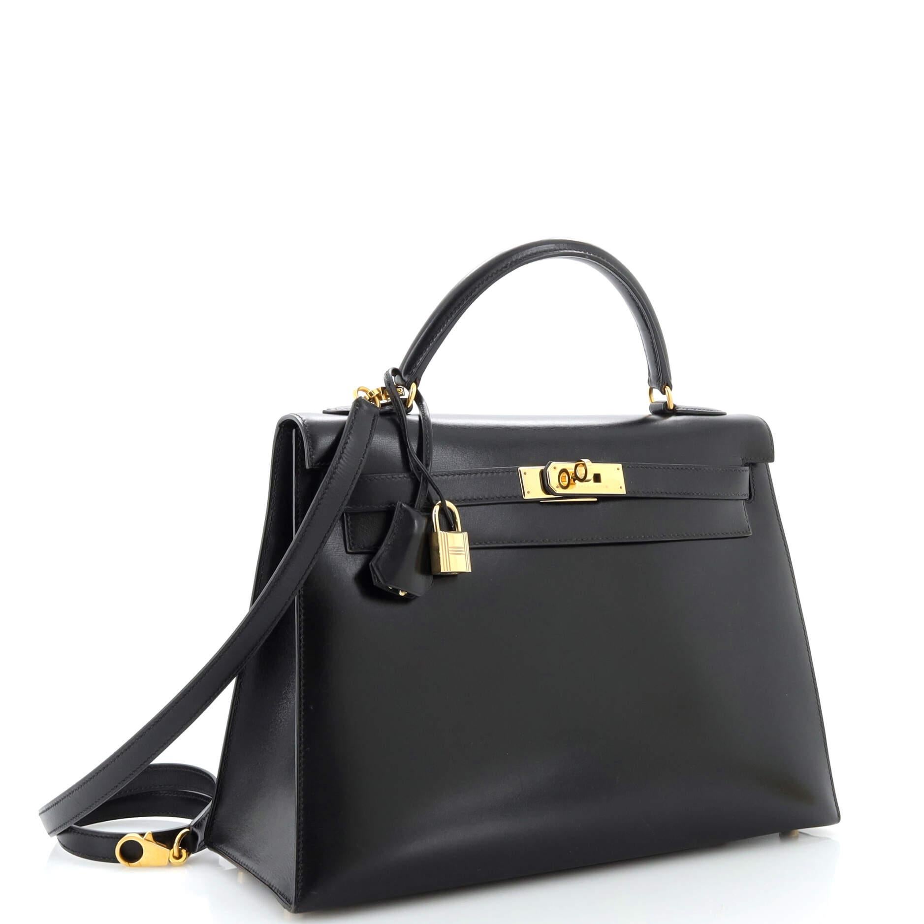 Hermes Kelly Handbag Noir Box Calf with Gold Hardware 32 In Good Condition For Sale In NY, NY