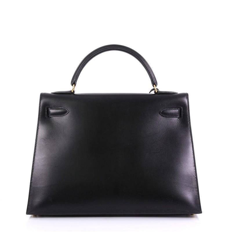 Hermes Kelly Handbag Noir Box Calf with Gold Hardware 32 In Good Condition In NY, NY