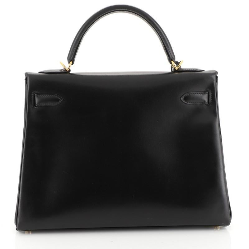 Hermes Kelly Handbag Noir Box Calf with Gold Hardware 32 In Good Condition In NY, NY