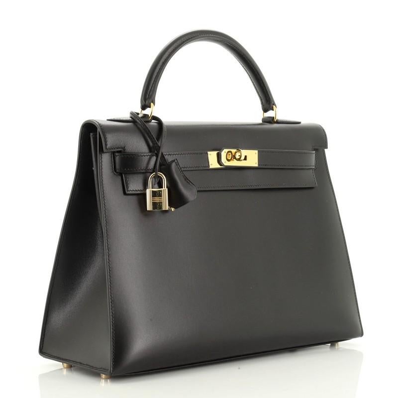 Hermes Kelly Handbag Noir Box Calf With Gold Hardware 32  In Good Condition In NY, NY