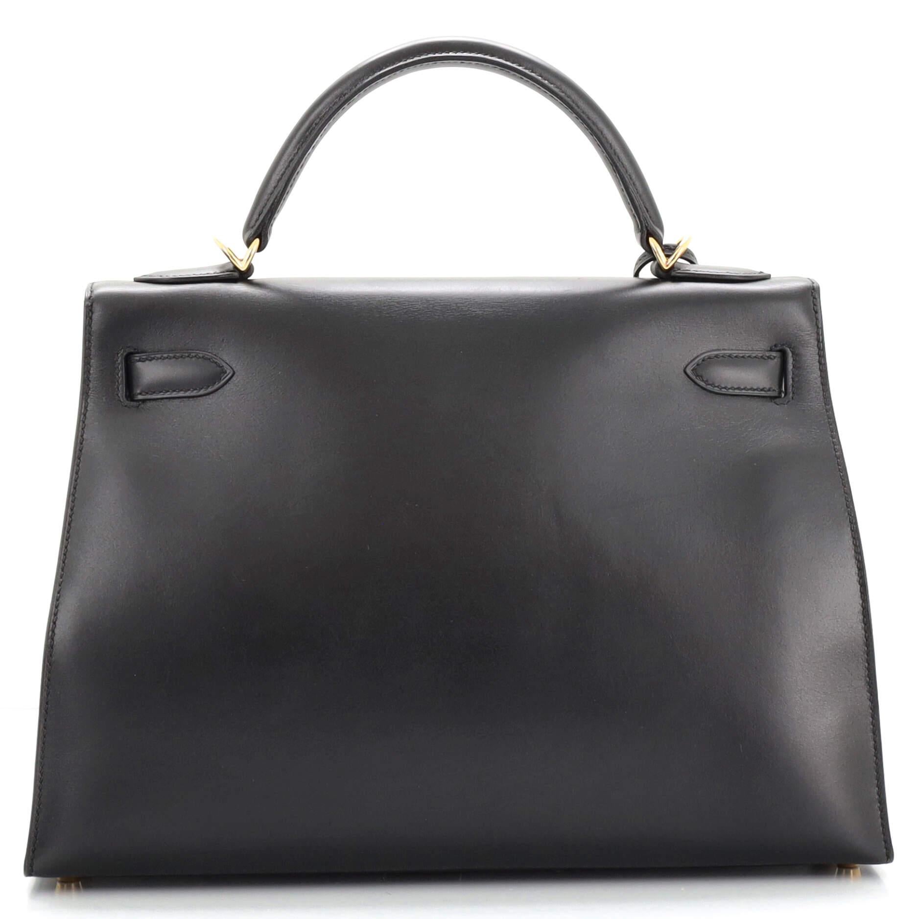 Hermes Kelly Handbag Noir Box Calf with Gold Hardware 32 In Fair Condition In NY, NY