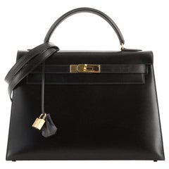 Hermes Kelly Handbag Noir Box Calf with Gold Hardware 32