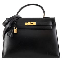 Hermes Kelly Handbag Noir Box Calf with Gold Hardware 32