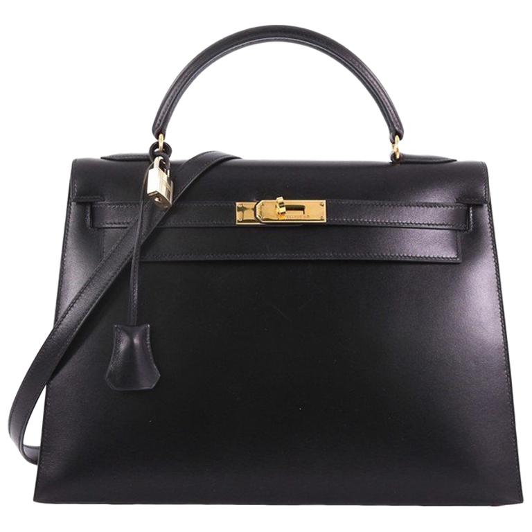 Hermes Kelly Handbag Noir Box Calf with Gold Hardware 32