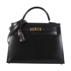 Hermes Kelly Handbag Noir Box Calf with Gold Hardware 32