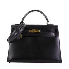 Hermes Kelly Handbag Noir Box Calf with Gold Hardware 32