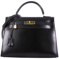 Hermes Kelly Handbag Noir Box Calf with Gold Hardware 32 Hermes Kelly Handbag Noir Box Calf with Gold Hardware 32