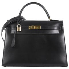 Hermes Kelly Handbag Noir Box Calf with Gold Hardware 32