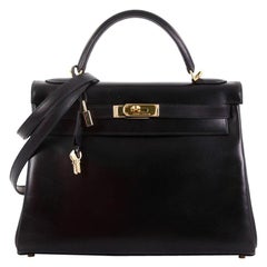 Hermes Kelly Handbag Noir Box Calf with Gold Hardware 32