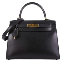 Hermes Kelly Handbag Noir Box Calf with Gold Hardware 32